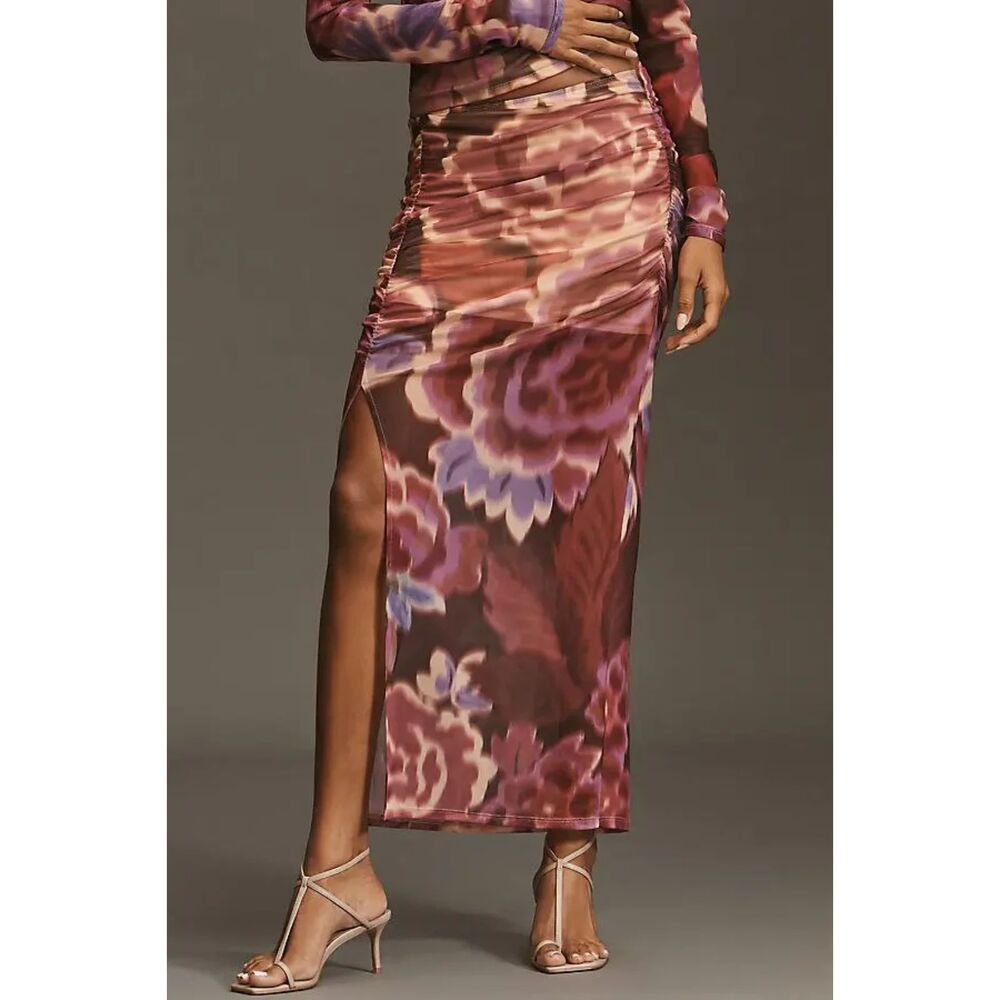 Anthropologie Plus Pink Multi-Colored Ruched Side-Slit Maxi Skirt Sz 3XL